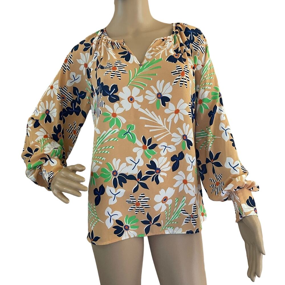 CABI ISLAND BLOUSE  2023 FLORAL‎ S LONG GATHERED SLEEVES WITH SMOCKING-PULLOVER